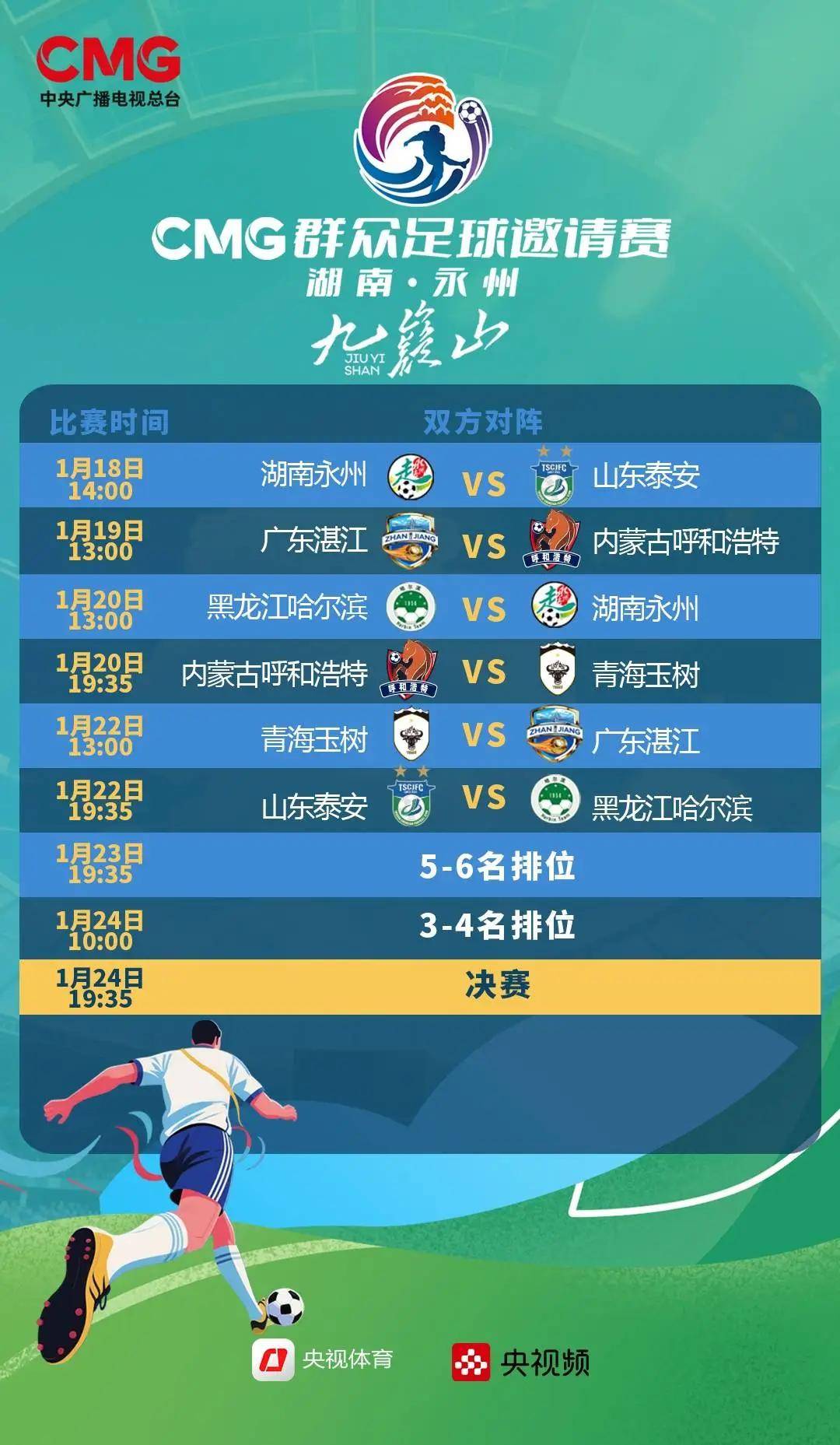 2026九嶷山CMG群众足球邀请赛：湖南永州、广东湛江晋级决赛 三四名及五六名对阵确定